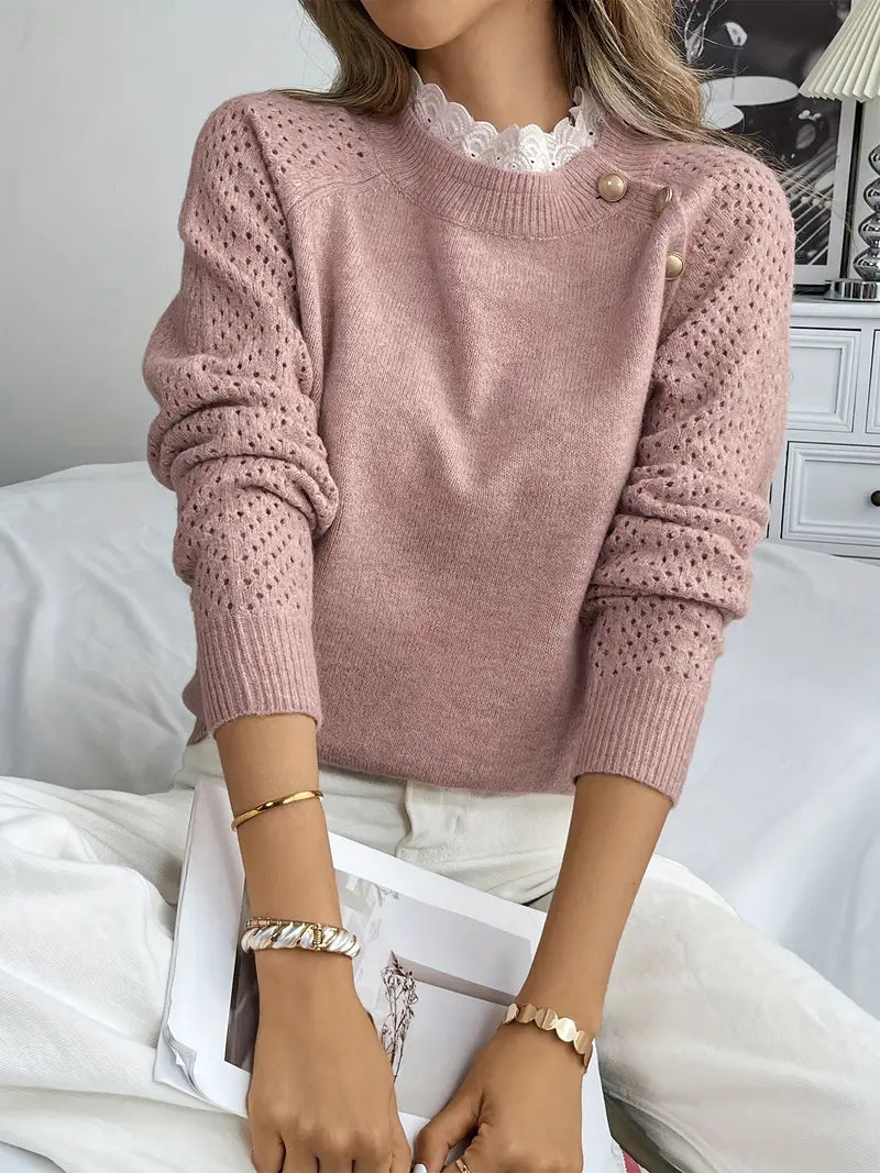 Crelace - Stylish Knit Sweater with Lace and Round Neckline