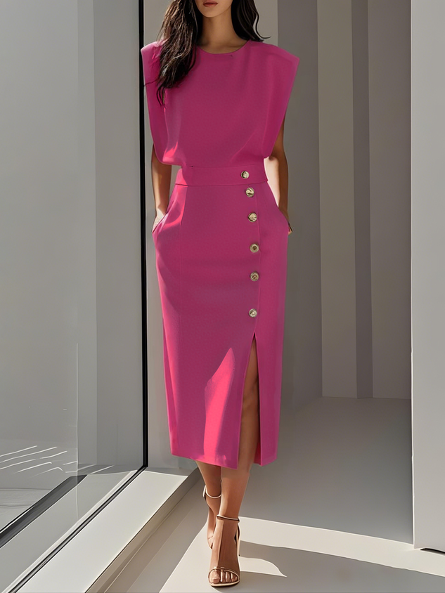 Einfarbiges Midikleid mit Knopfschlitz und Rundhalsausschnitt 