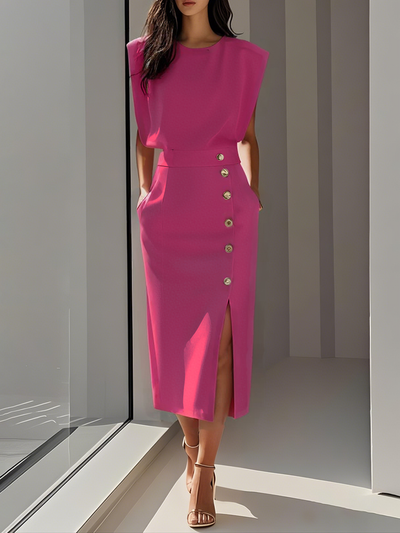 Einfarbiges Midikleid mit Knopfschlitz und Rundhalsausschnitt 