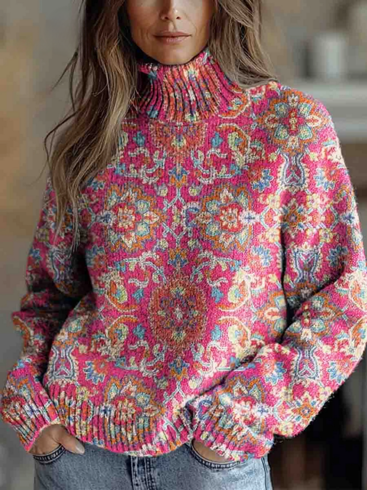 Women's Sweater with Retro Ethnic Floral Print and High Collar