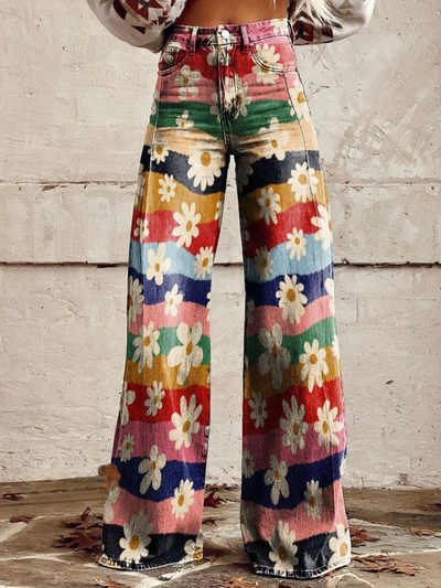 Lily – Vintage-Hose mit weitem Bein und bunten Streifen und Blumenmuster