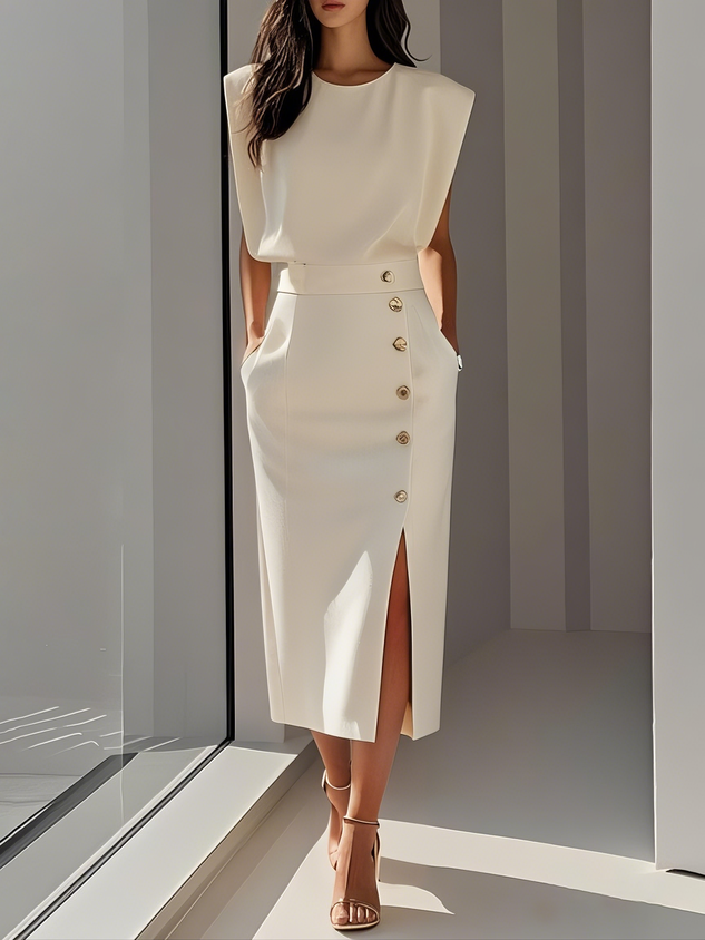 Einfarbiges Midikleid mit Knopfschlitz und Rundhalsausschnitt 