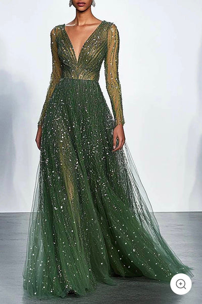 Elaris | Dunkelgrünes Abendkleid mit Pailletten und langen Ärmeln