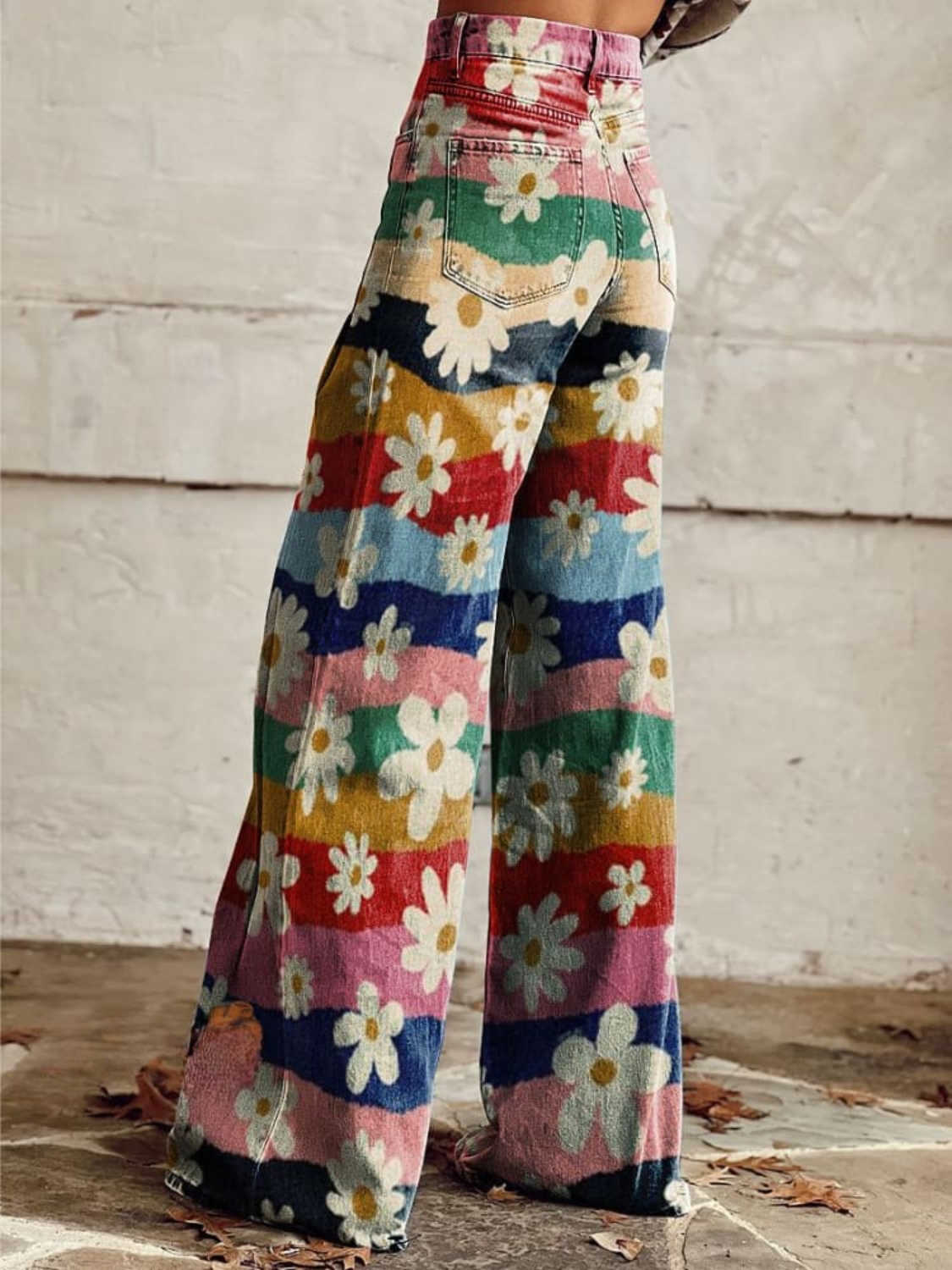Lily – Vintage-Hose mit weitem Bein und bunten Streifen und Blumenmuster