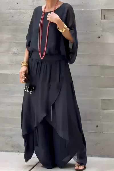 Carlotte | Weites Top und lockere Hose mit Schlitz – Zweiteiliges Chiffon-Set