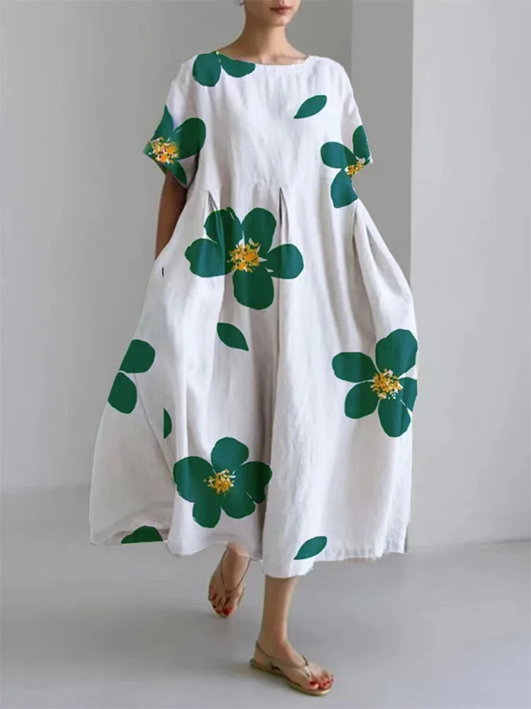 Lässiges, lockeres Kleid mit Rundhalsausschnitt und Blumenrock für Damen im Frühling und Sommer