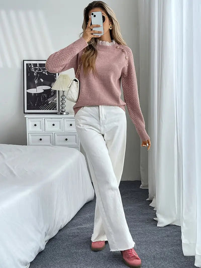 Crelace - Stylish Knit Sweater with Lace and Round Neckline