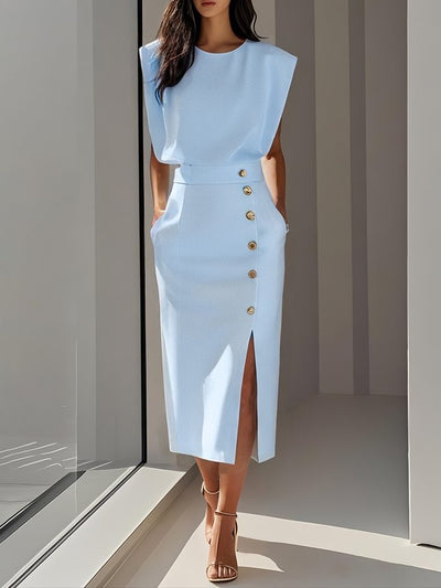 Einfarbiges Midikleid mit Knopfschlitz und Rundhalsausschnitt 