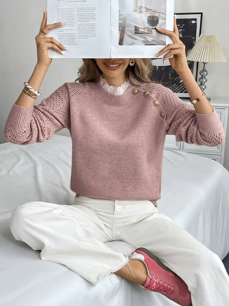 Crelace - Stylish Knit Sweater with Lace and Round Neckline