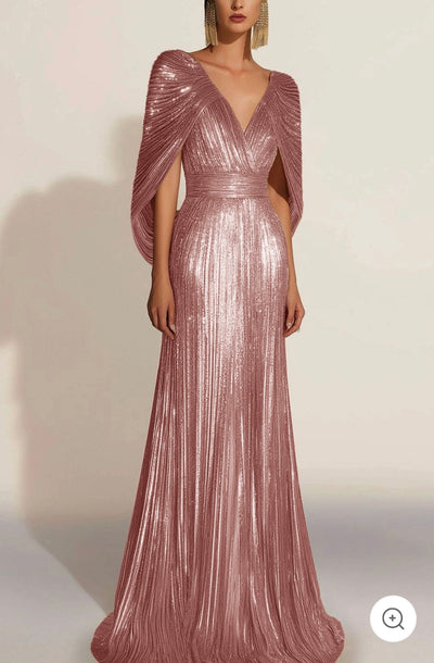 Aurélie | Goldenes plissiertes Abendkleid mit Cape
