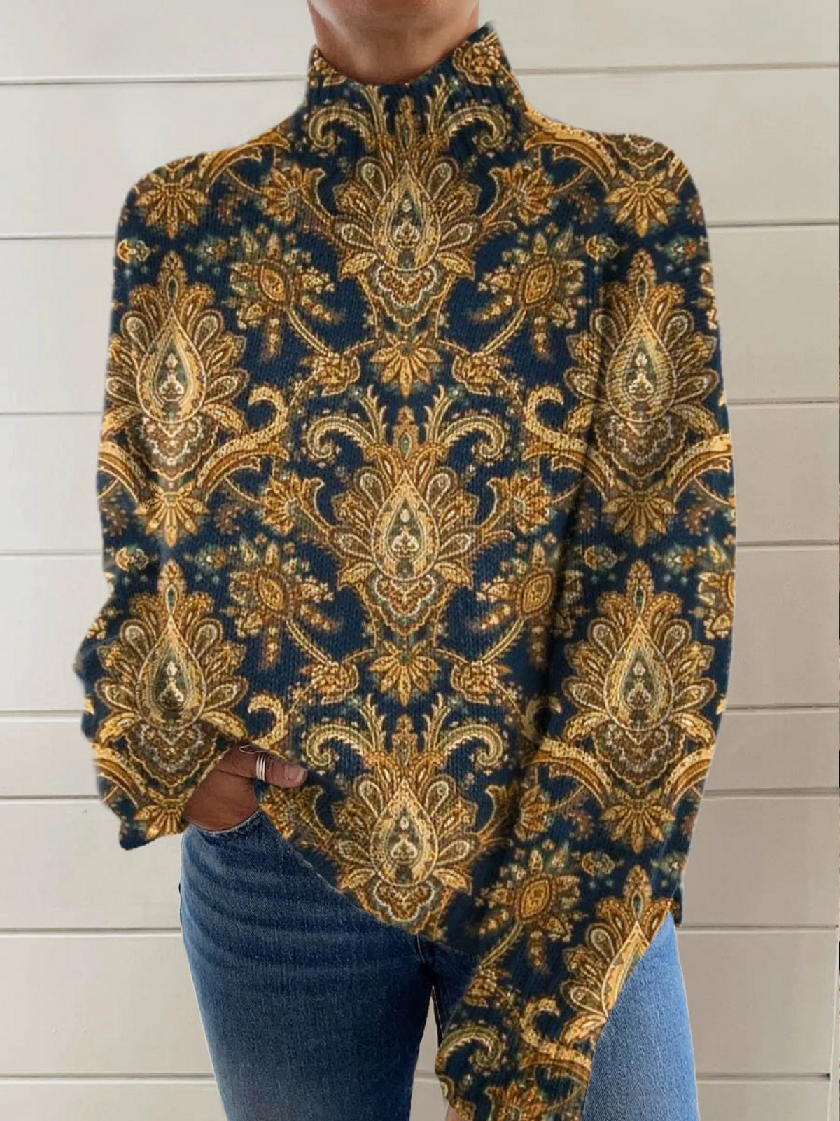 Pull à col roulé vintage pour femme, à motifs floraux artistiques mignons 