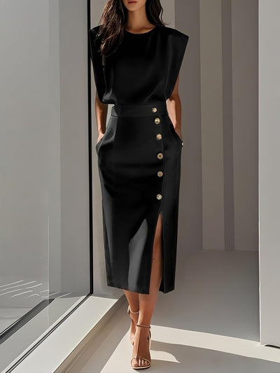 Einfarbiges Midikleid mit Knopfschlitz und Rundhalsausschnitt 