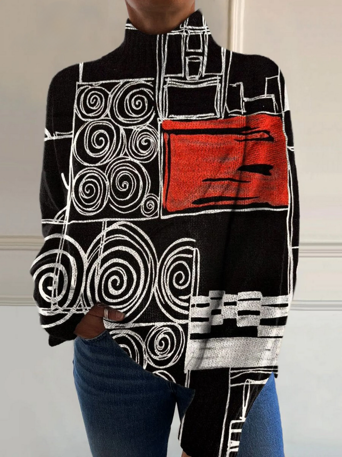 Abstract Color Block Print Sweater with Turtleneck