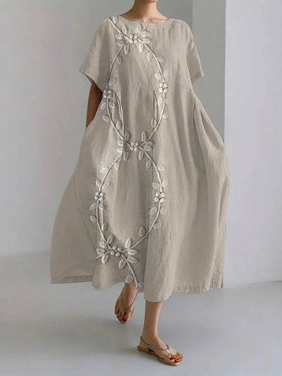 Elegantes Longkleid aus Leinen-Mix mit Weinreben-Stickerei