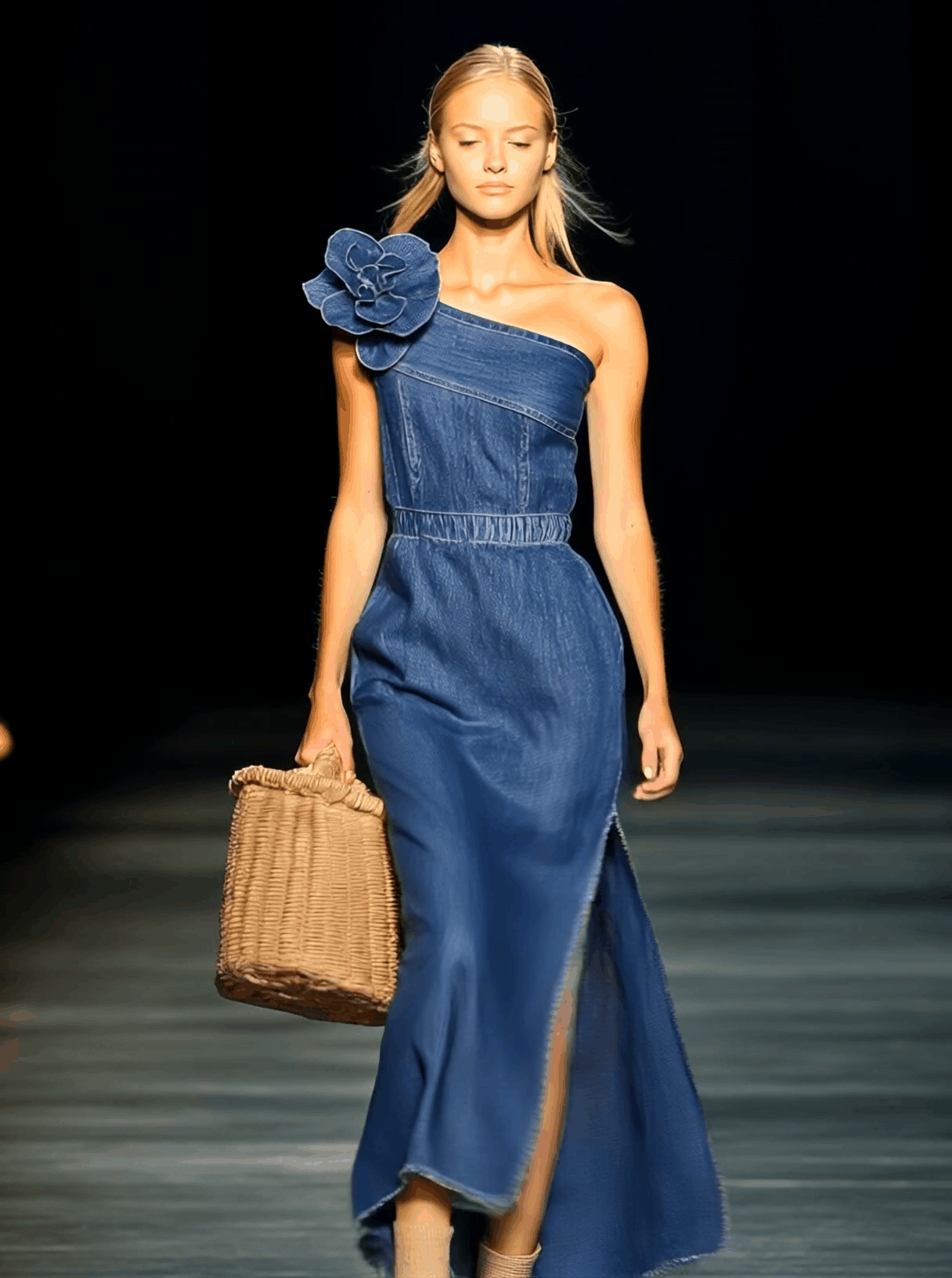 Fleur – Strapless Denim Maxi Dress with 3D Flowers