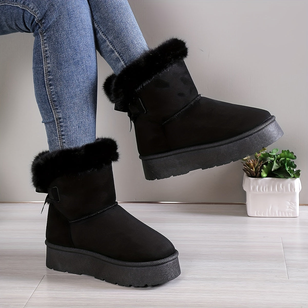 Stylische, thermogefütterte Plüschstiefel mit Schleife