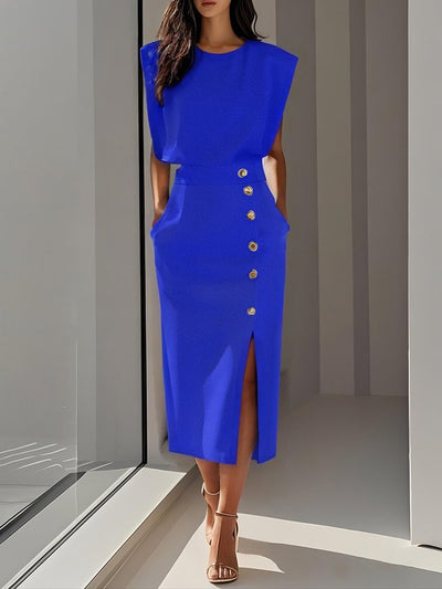 Einfarbiges Midikleid mit Knopfschlitz und Rundhalsausschnitt 