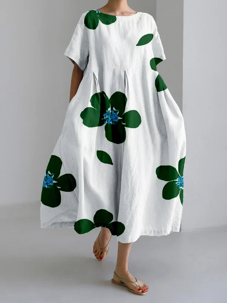 Lässiges, lockeres Kleid mit Rundhalsausschnitt und Blumenrock für Damen im Frühling und Sommer