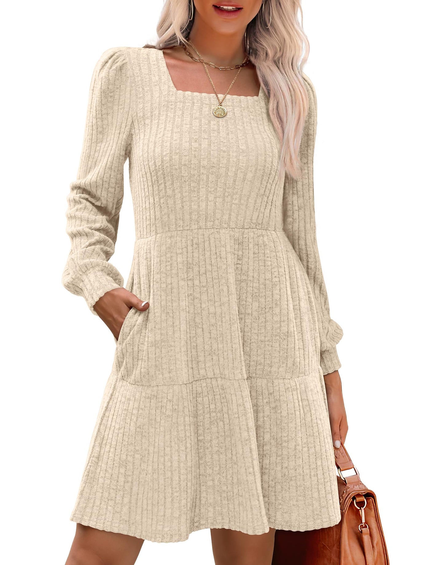 Women's Square Neck Lantern Sleeve Ribbed Dress