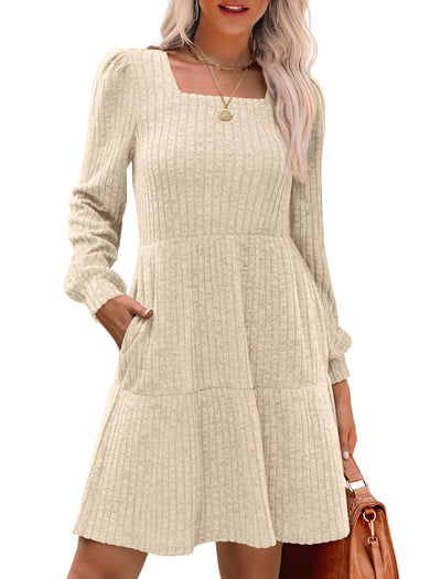 Women's Square Neck Lantern Sleeve Ribbed Dress