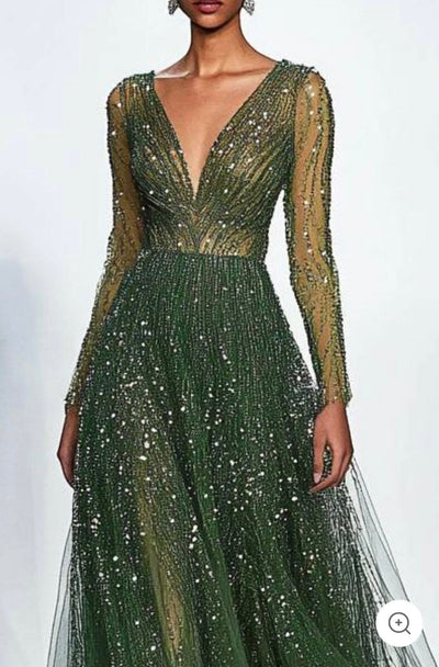 Elaris | Dunkelgrünes Abendkleid mit Pailletten und langen Ärmeln
