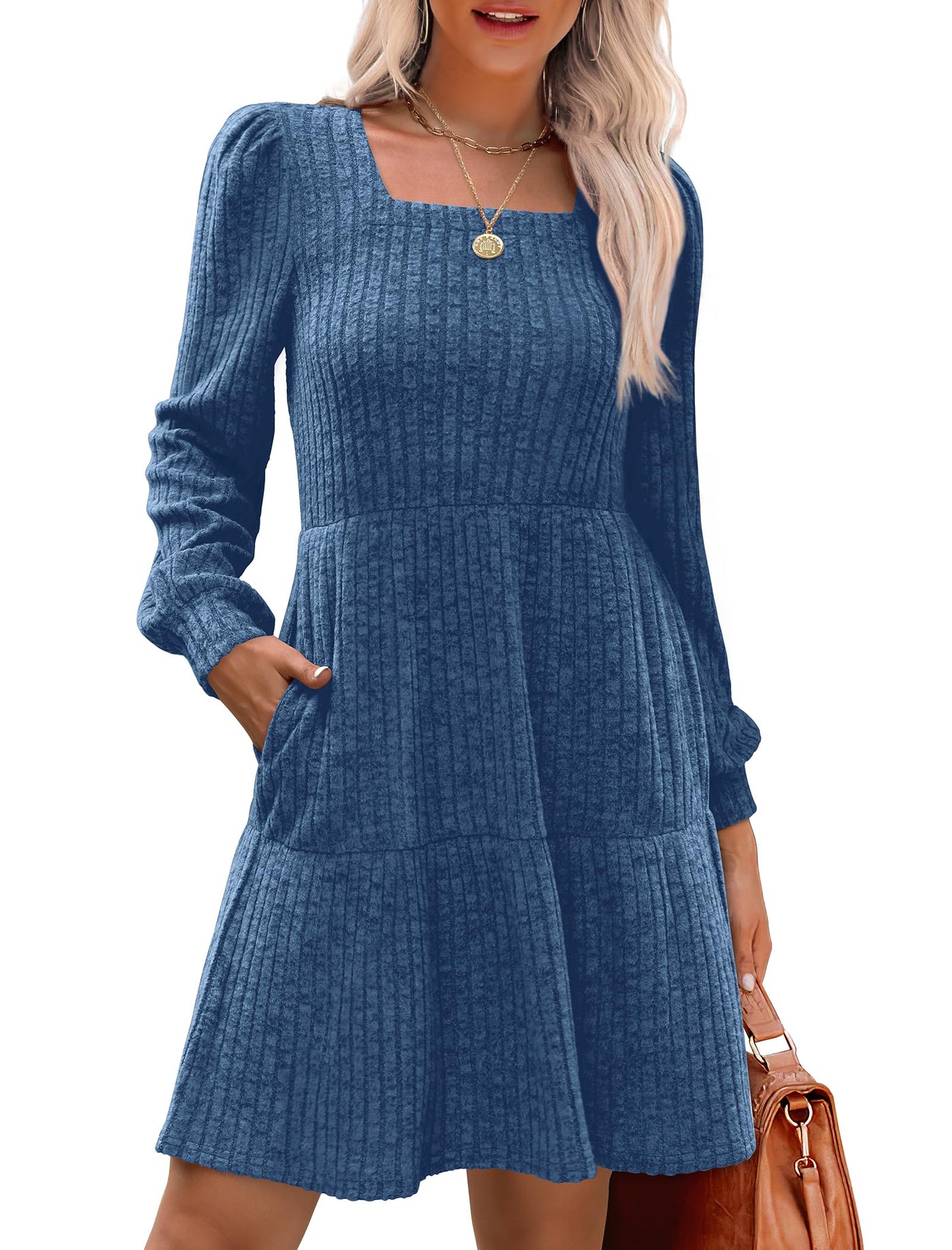 Women's Square Neck Lantern Sleeve Ribbed Dress