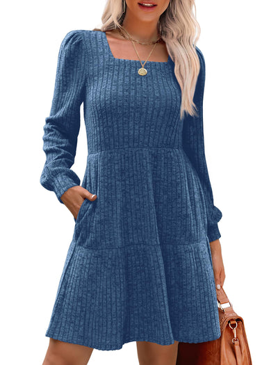 Women's Square Neck Lantern Sleeve Ribbed Dress