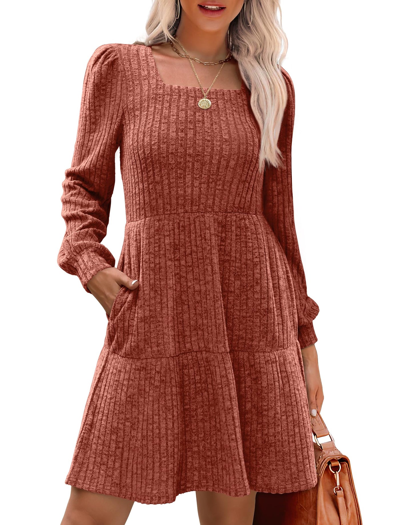 Women's Square Neck Lantern Sleeve Ribbed Dress