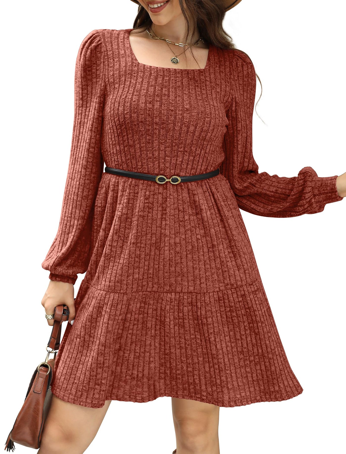 Women's Square Neck Lantern Sleeve Ribbed Dress