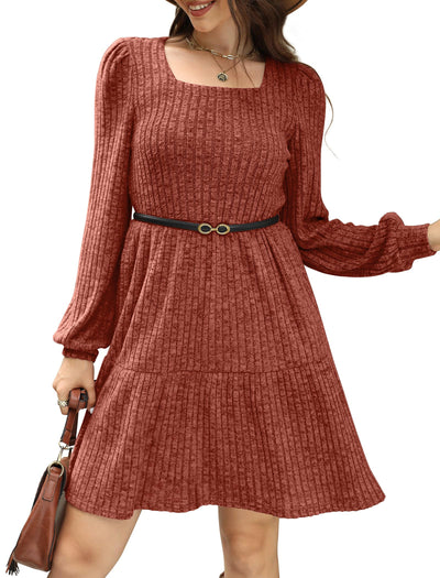 Women's Square Neck Lantern Sleeve Ribbed Dress
