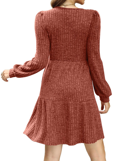 Women's Square Neck Lantern Sleeve Ribbed Dress