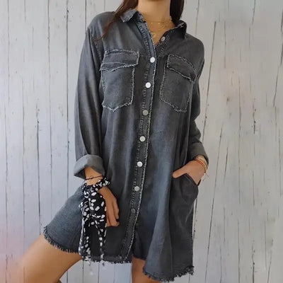 Doris | Lange Jeans-Freizeithemdjacke