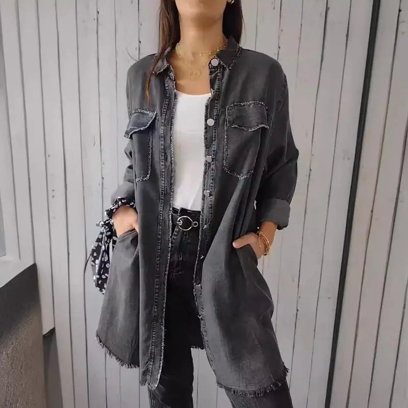 Doris | Lange Jeans-Freizeithemdjacke