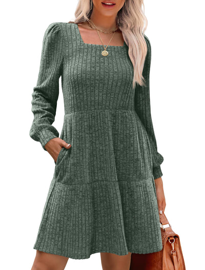 Women's Square Neck Lantern Sleeve Ribbed Dress