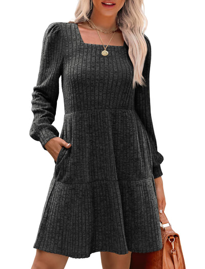 Women's Square Neck Lantern Sleeve Ribbed Dress
