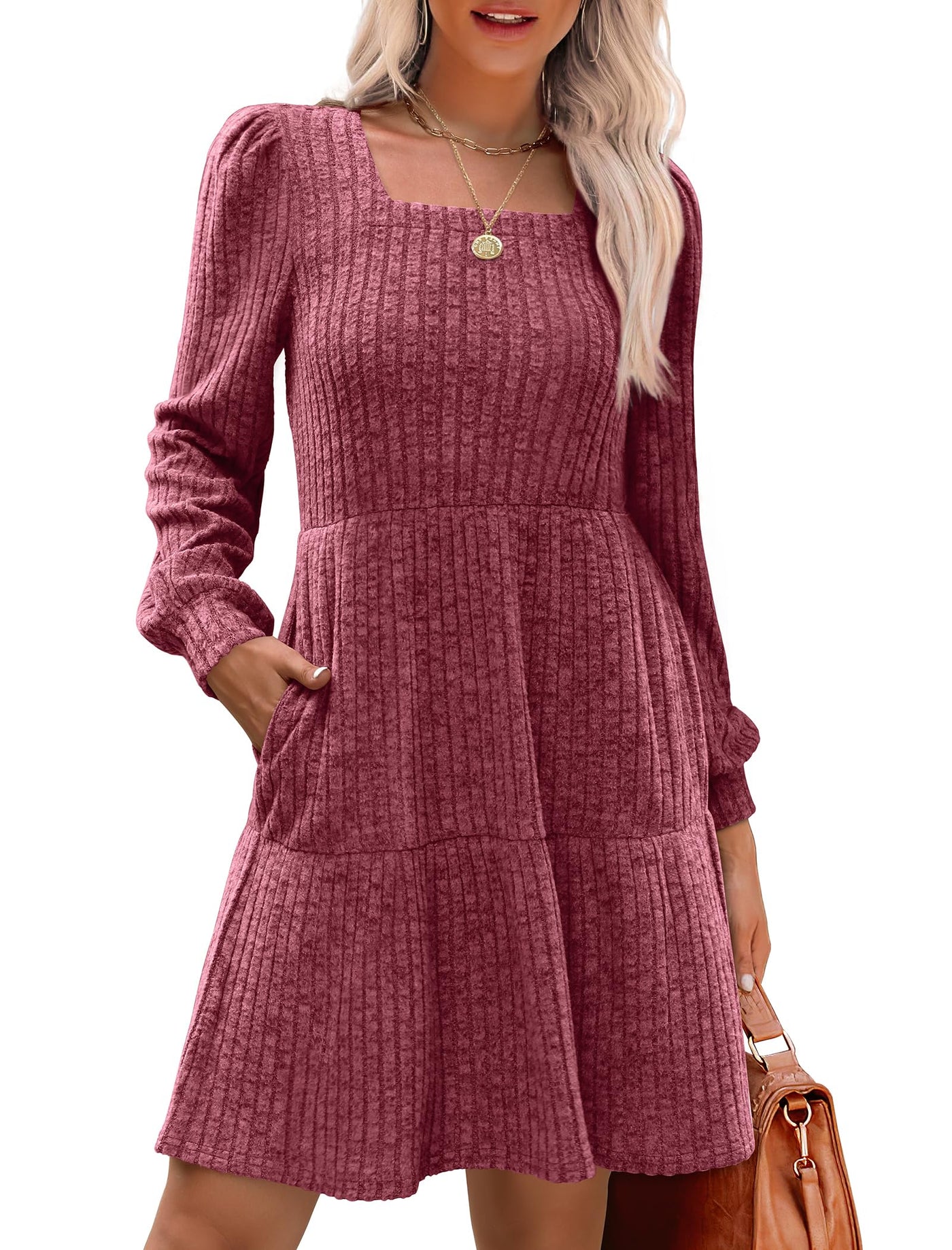 Women's Square Neck Lantern Sleeve Ribbed Dress