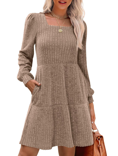 Women's Square Neck Lantern Sleeve Ribbed Dress