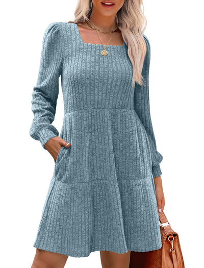Women's Square Neck Lantern Sleeve Ribbed Dress