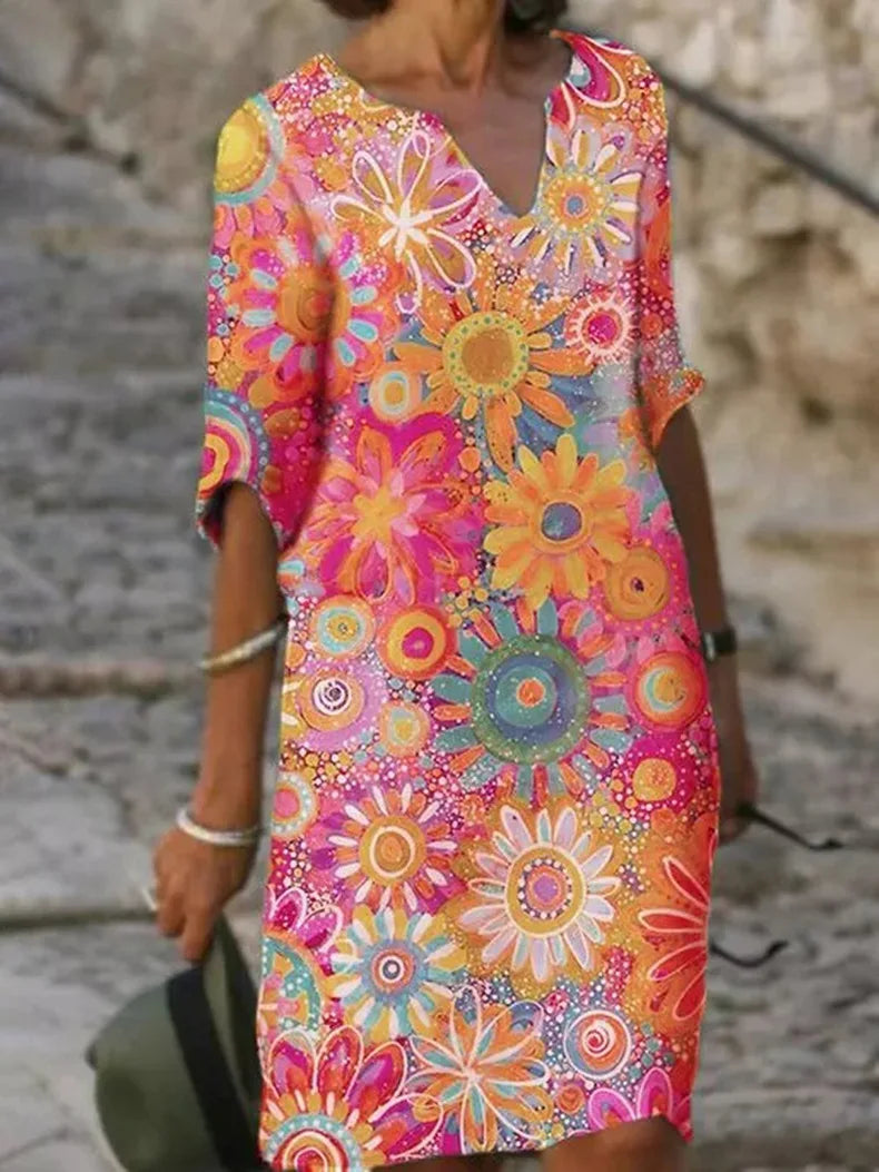 Sharmaine | Elegantes Kleid mit Blumenmuster und V-Ausschnitt