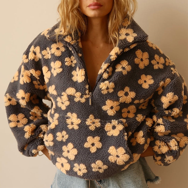 Floral Bliss Sherpa Viertelreißverschluss-Pullover