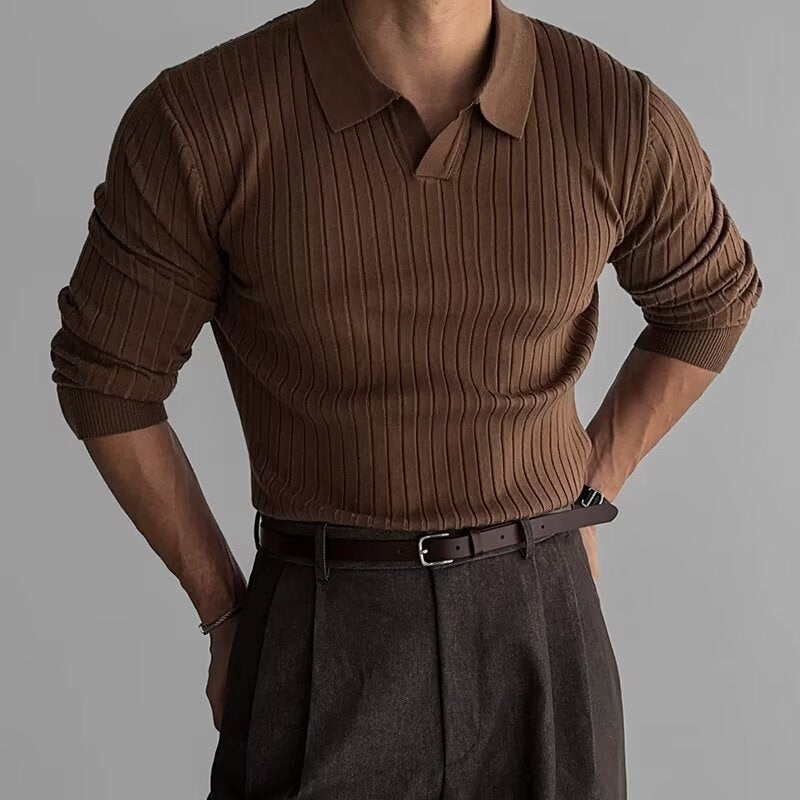 Volker | Geripptes Langarm-Poloshirt