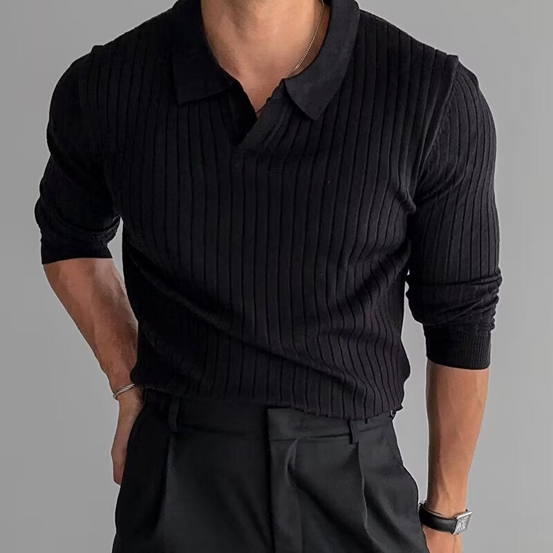 Volker | Geripptes Langarm-Poloshirt