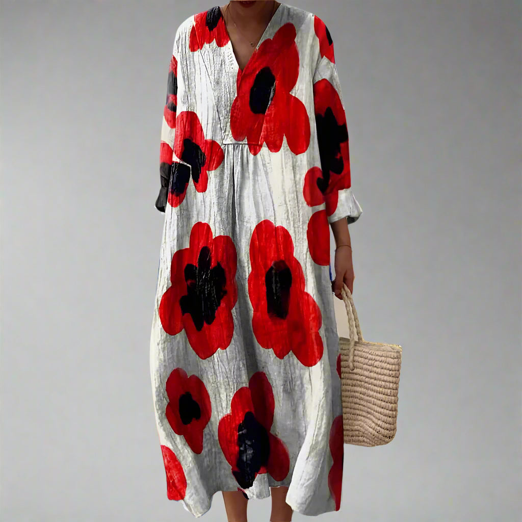 Barbara | Maxikleid aus Baumwolle mit kräftigem Mohnblumen-Print