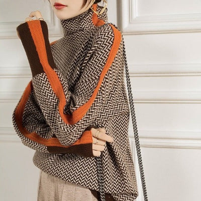 Damen Rollkragenpullover mit Kontraststreifen