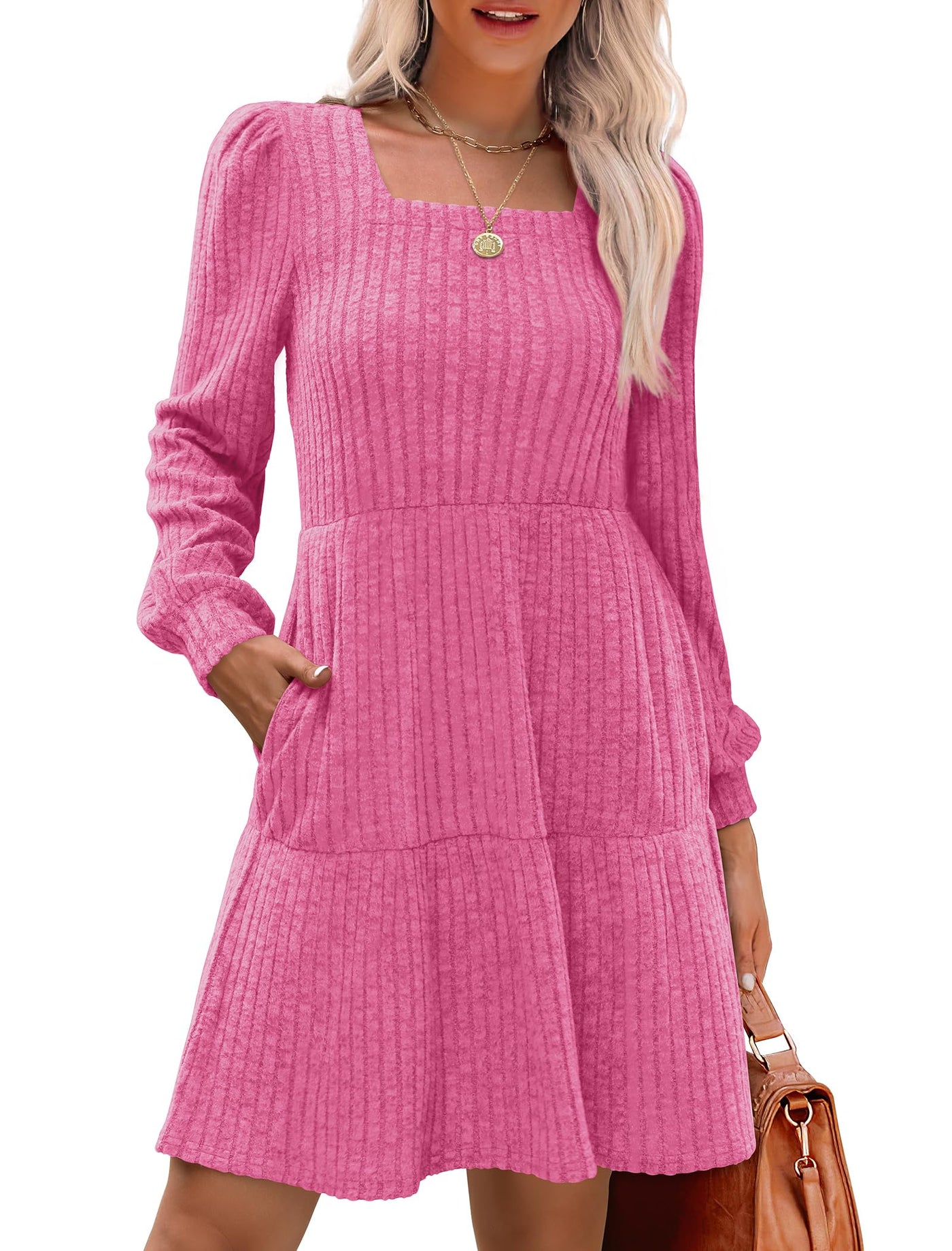Women's Square Neck Lantern Sleeve Ribbed Dress