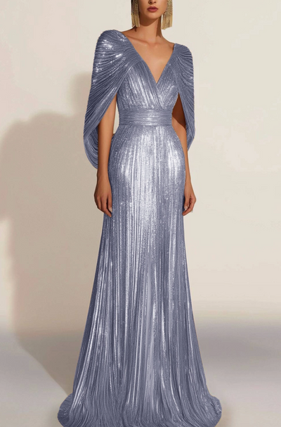 Aurélie | Goldenes plissiertes Abendkleid mit Cape