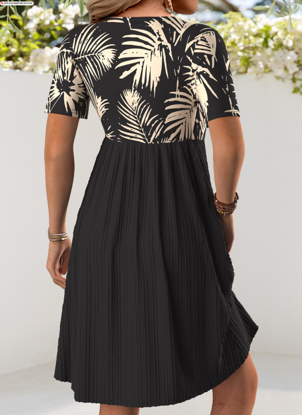 Schwarzes kurzes Kleid mit V-Ausschnitt und Blätterdruck