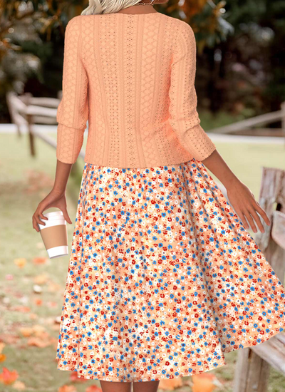 Orange dress with floral print and long sleeves and cardigan