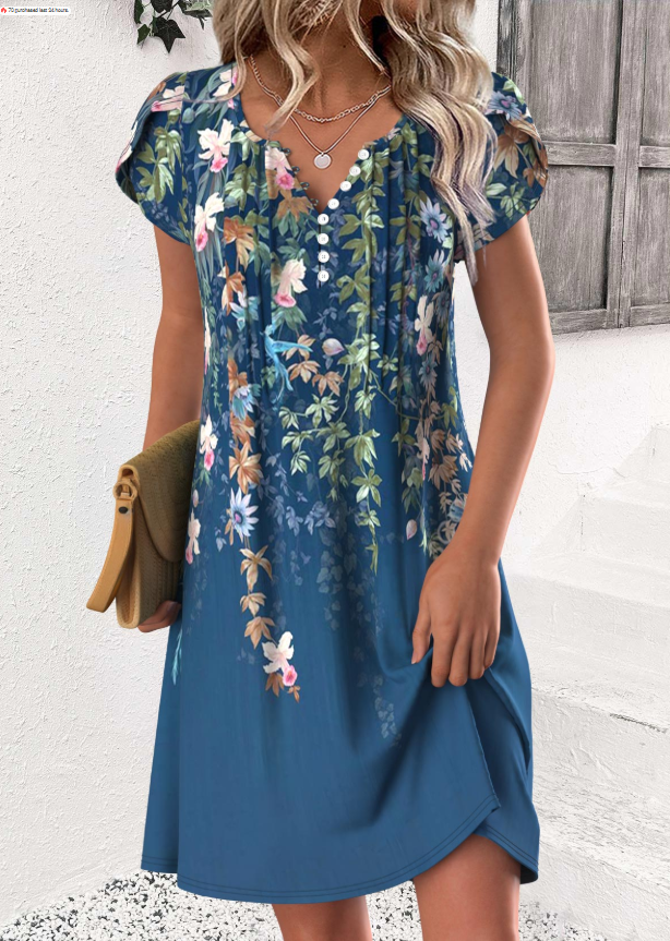 Buntes Blumendruckkleid mit kurzem Schlitz und rundem Ausschnitt
