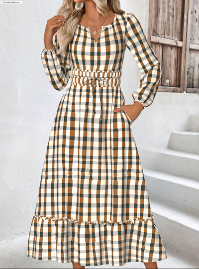 Beige kariertes Kleid mit langen Ärmeln und geschlitztem Ausschnitt